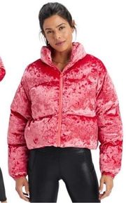 Fabletics Wander Crushed Velour Cropped Puffer Jacket Pink Strawberry Size Large
