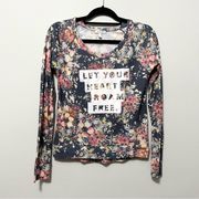 Delia's Gray Floral Crewneck Long Sleeve T Shirt Let Your Heart Roam Free M