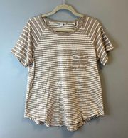 James Perse Tee White & Brown Striped Raglan Short Sleeve Pocket Sz 3 (L) EUC