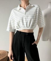 gray white striped cropped polo top by g