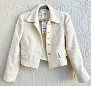 NWT Zara Tweed Long Sleeve Button Front Cropped Blazer Cream Women's Size XS