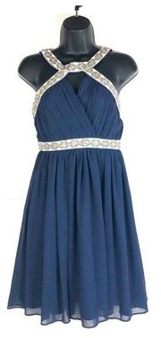 MINUET ModCloth Navy Blue Chiffon Jewel Beaded Cutout Mini Dress Size Small