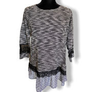 Multiples Womens Tunic Size Large Textured Lace Sweater Black Gray White Mixed