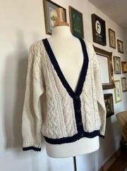 Vintage Contrast Cream And Navy Cardigan Sweater 