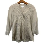 Charter Club Womens Top Sz 12 Beige 100% Linen Embroidered Button Up 3/4 Sleeve