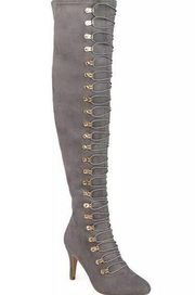 JOURNEE COLLECTION Womens Grey Lace Stretch Trill Round Toe Stiletto Boots 8.5