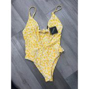 NWT - Zaful Yellow One Piece FLORAL Swimsuit V-Neck OPEN FRONT SIZE 6