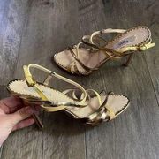 Prada Metallic Leather Patent Strappy Slingback Sandals Yellow Gold 38.5