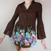 Y2K Brown Floral Crinkle Bell Sleeve Fairycore Blouse