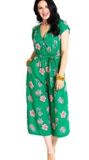 Pineapple Jumpsuit Wide Leg Green/Pink Size Small Synched Waist