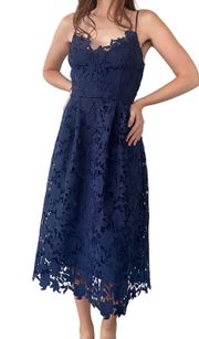 Stunning Elegant Navy Blue Floral Lace Tea Length Midi Dress 🔥