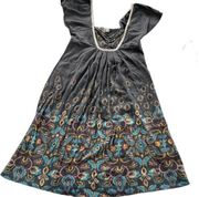 Decree Dress Womens Medium Grey Blue Yellow Floral Paisley Stretch Shift Cotton