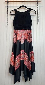 Sangria Dress Black & Orange Paisley Halter Handkerchief Hem Midi Size 4