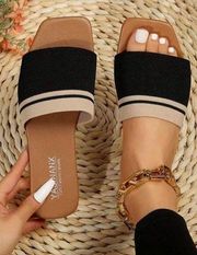 Black and White Color Block Flat Sandals