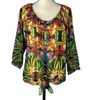 Roz & Ali Medium Top Floral 3/4 Balloon Sleeves Button-Up Sheer Tie-Front Multi