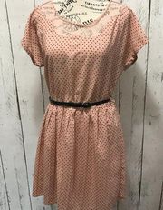 Bordeaux Los Angeles lightweight dress in peach and black polka dots.  W/belt L