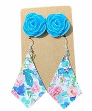 Statement Earring Set Bundle Rose Studs Floral Diamond Dangle Earrings Pink Blue