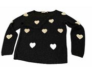 LC Lauren Conrad Sweater Small Embossed White Hearts Black Metallic Holiday