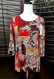 Ruby Rd. Women's Red Floral 3/4 Sleeve Blouse Stretch M NWT