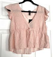 Wild Fable Top Crop Large Floral Boho Blouse Short Sleeve Pink White Baby Doll