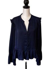 Hyfve Women's Long Sleeve Top Blouse Button Ruffle Peplum Hem Navy Blue Small