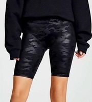 Spanx Faux Leather Shorts Black Camo Shiny High-Rise Moto Edgy Bike Bermuda Long