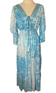 NWT ME 2 MAGIC Anthropologie Blue Bohemian Sequined Maxi Dress w/ Tassels