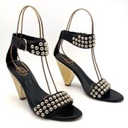 ASH Gold Studded Black Leather Ankle Cuff Heeled Strappy Sandals Size 38 | US 7