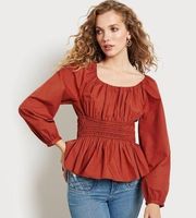 NWT Sam Edelman Long Balloon Sleeve Cilian Smocked Top Gingerbread Brick Red S