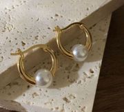 18K Gold Plated White Pearl Hoop Earrings for Women,Pearl Earrings