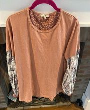 Easel Brown Mixed Print Bohemian Sleeve Peasant Top size Small Boutique Brand