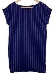 Tahari Linen Navy Shift Dress Blue Mini Short Sleeve Striped Minidress, size XS