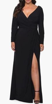 LA FEMME Curve Black Long Sleeve Faux Wrap Gown