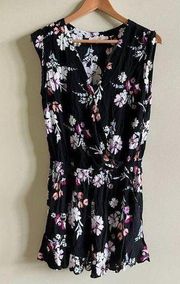 LOFT ANN TAYLOR FAUX WRAP BLACK SLEEVELESS JUMPSUIT FLORAL PRINT WOMENS SIZE S