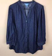 Draper James Women’s Chambray Dark Blue Split V-Neck Pleated Button-Up Shirt