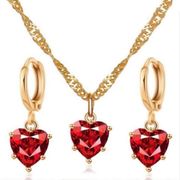 18K Gold Plated Heart Jewelry Set Heart Pendant Necklace Crystal Heart Dangle Drop Earrings(2pcs/set)