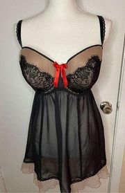 Cacique Silk& Lace Trim Babydoll Chiffon Chemise Black/ Nude/Red bow/Size 22/24