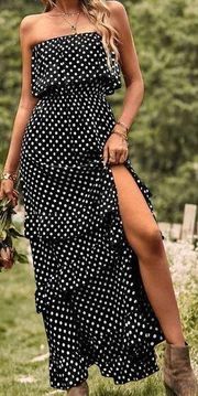 Women's Off-the- shoulder Split Hem Ruffled Layers Polka Dot Dress XS