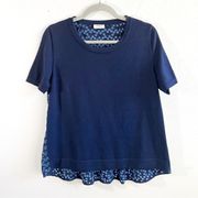 Akris Punto Blouse Navy Blue Knit Front & Eyelet Back Peplum Top Sz US 10 EUC