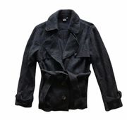 Sandro 100% Wool Black Pea Coat w/ Waist Tie