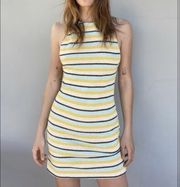 ZARA Rustic Halter Neck Dress Blue Yellow Striped Knit Mini Dress M NWT