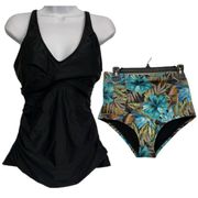 Under the Sun Urban Outfitters High Waist Tropical Ruched VNeck Tankini Swimsuit