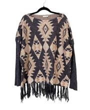 Tea n Rose Women's Tribal Oversized Fringes Pullover Poncho Sweater One Size