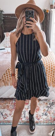 Striped High Neck Wrap Dress 