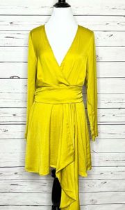 Nasty Gal Chartreuse Satin Long Sleeve Draped Mini Dress Size 8 Medium