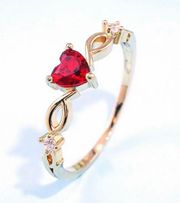 NEW! 14K Gold Plated Red Heart Rhinestone & Cubic Zirconias Ring Sz 8 Gorgeous!!