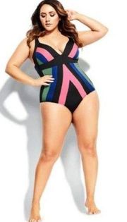 City Chic Colorblock Stripe One Piece Swimsuit Sz.M(18) NWT