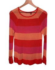 Striped Open-Knit Sweater Top Long Sleeve Colorful Crew Neck Stripes