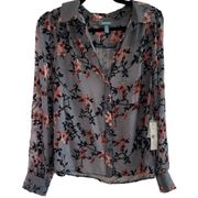 Gray Cherry Blossom Sheer Velvet Puff-Sleeve Button-Up