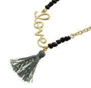 GOLD TONE BLACK BEAD LOVE TASSEL CHARM NECKLACE